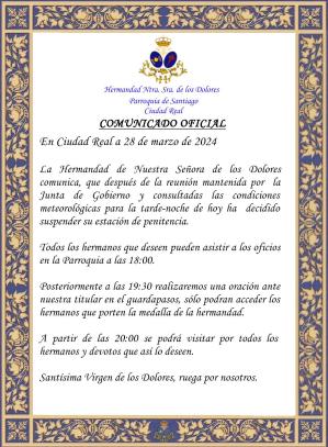 Comunicado de la Hermandad de Nuestra Señora de los Dolores (Ciudad Real)