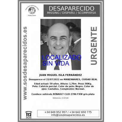 El desaparecido Juan Miguel Isla, localizado sin vida en una finca de Valdepeñas (Ciudad Real)