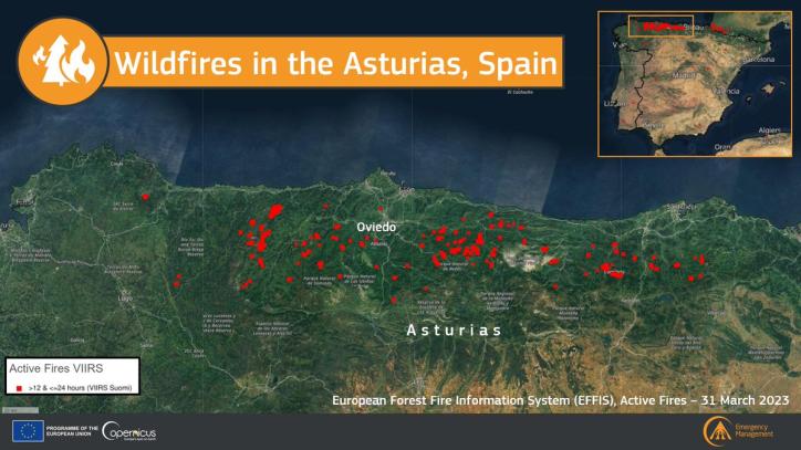 Mapa con los focos activos en Asturias esta mañana de viernes 31 de marzo