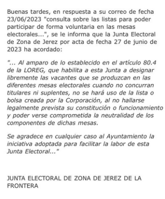 Respuesta de la Junta Electoral de Jerez de la Frontera a Maldita.es