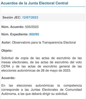 La Junta Electoral Central no “ha acordado solicitar” las actas del 28M para revisar “graves irregularidades y delitos electorales” en el escrutinio