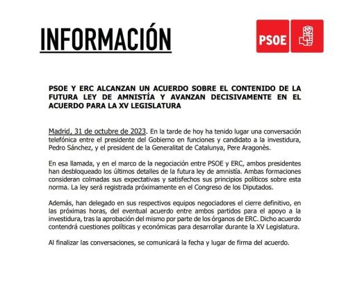 Comuniciado del PSOE del pacto de investidura con ERC