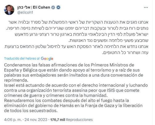 Post en la red social X de Eli Cohen, ministro de Exteriores de Israel, sobre las declaraciones de Pedro Sánchez