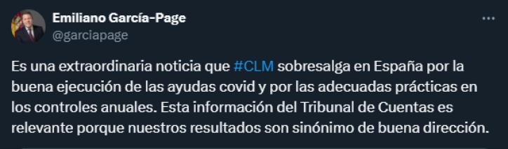 Post del presidente regional, Emiliano García-Page, resaltando la información del Tribunal de Cuentas