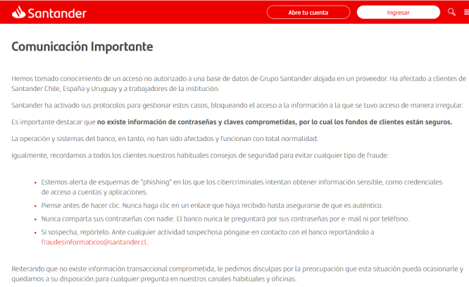 Comunicado del Banco Santander sobre el ciberataque sufrido 14/5/2024