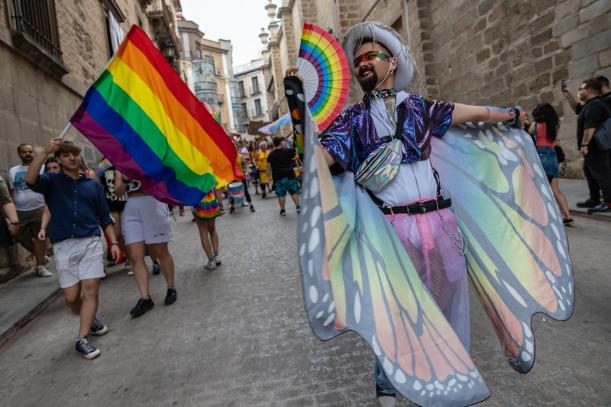 Cientos de personas participan en una manifestación por los derechos del colectivo LGTBI, al final de la cual se lee un manifiesto, este sábado en Toledo.