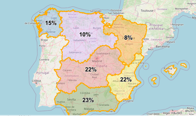 Mapa del tráfico con desplazamientos previstos en España.