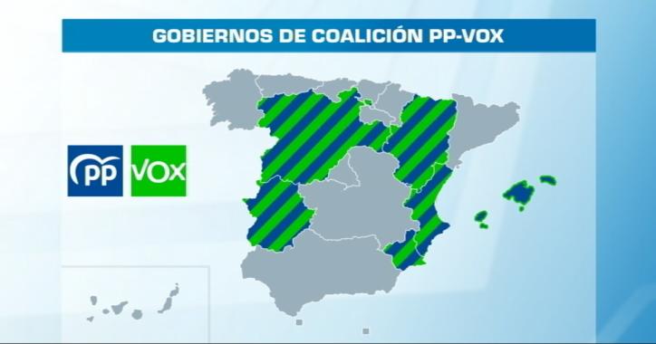 Mapa de las autonomías en las que han gobernado hasta hoy en coalición PP y Vox