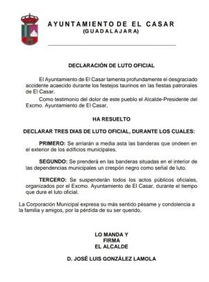 Declaración de luto oficial del Ayuntamiento de El Casar (Guadalajara)