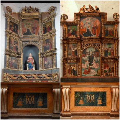 Retablo antes de la restauración (izda.) y después (dcha.)