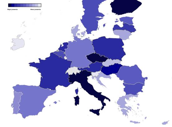 Mapa de la Unión Europea con presencia de la extrema derecha en instituciones