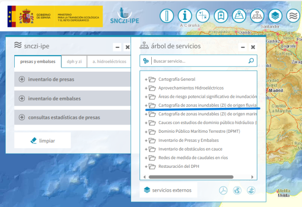 Despliega el árbol de servicios y accede a cartografía de zonas inundables de origen fluvial