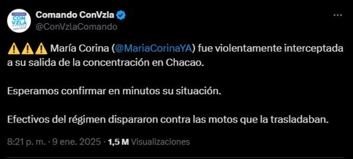 Post de X donde el partido de María Corina Machado denuncia la violenta detención de la líder opositora