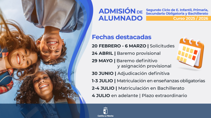 Estas son las fechas más importantes del proceso de Admisión a 2º ciclo de Infantil, Primaria, ESO y Bachillerato en Castilla-La Mancha.