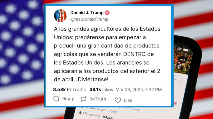 Post de Trump anunciando los aranceles a los productos agrarios externos a EE. UU.