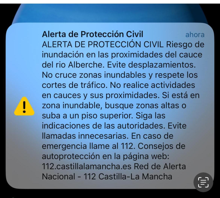 Mensaje de alerta enviado por Protección Civil a varias localidades toledanas ante la crecida del río Alberche