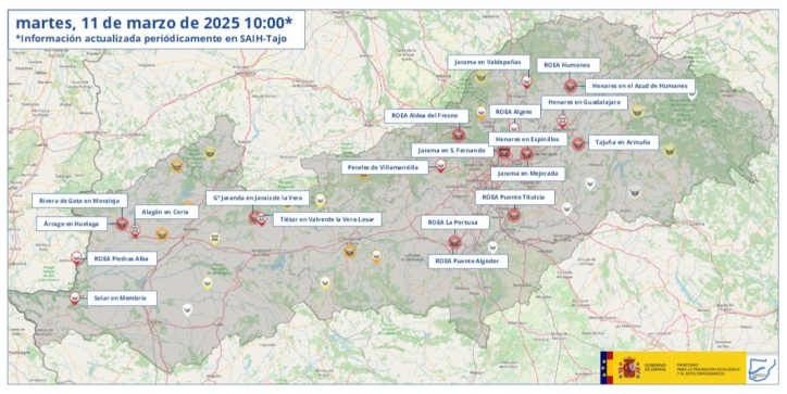 20 estaciones de aforo de la CHTajo se encuentran en nivel rojo en este momento.