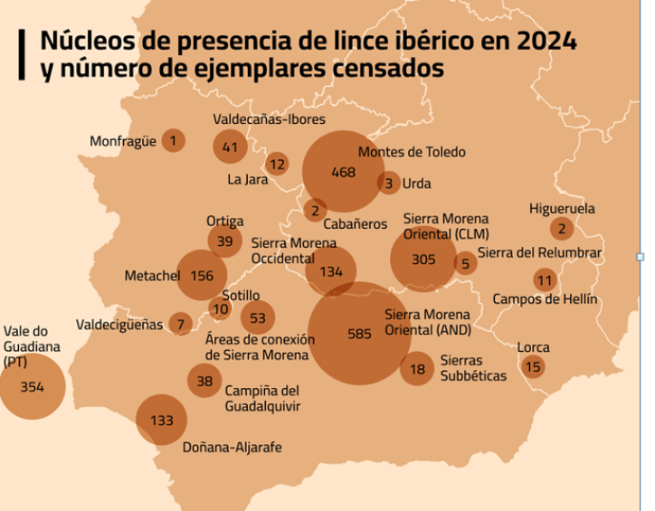 Mapa con la distribución de población de lince ibérico.