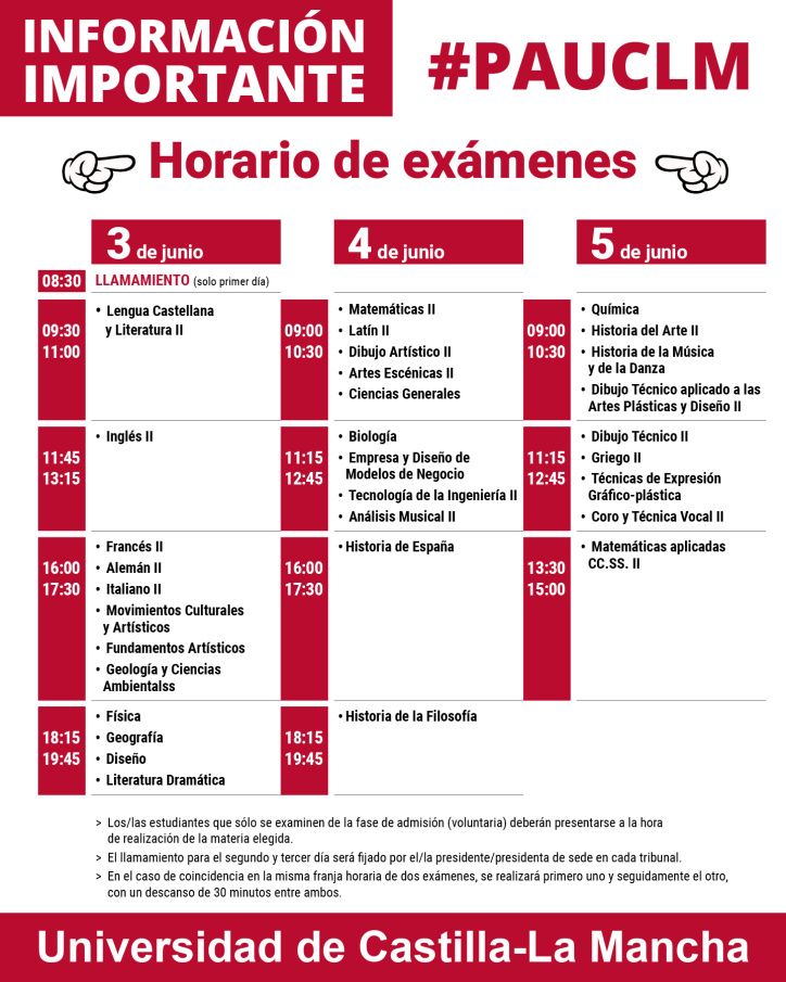 Horarios de exámenes de la PAU.