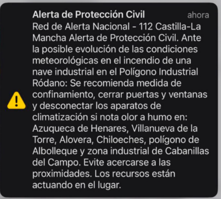 nuevo mensaje de alerta a los vecinos de Azuqueca de Henares, Villanueva de la Torre, Alovera, el polígono de Chiloeches y la zona industrial de Cabanillas del Campo, en Guadalajara, recomendando a la población confinarse en sus casas por el humo tóxico