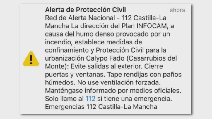 Alerta de Protección Civil a la población de Calypo Fado por el incendio de Méntrida