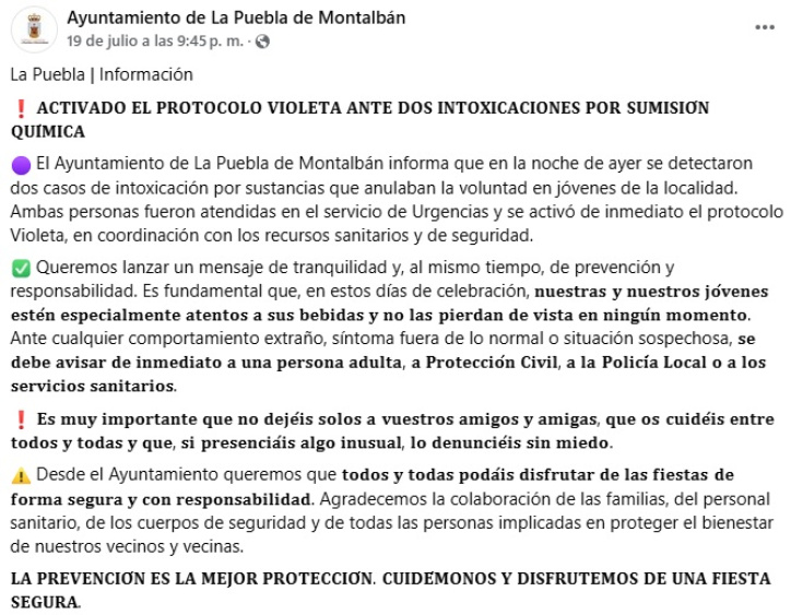 Publicación del Ayuntamiento en su Facebook