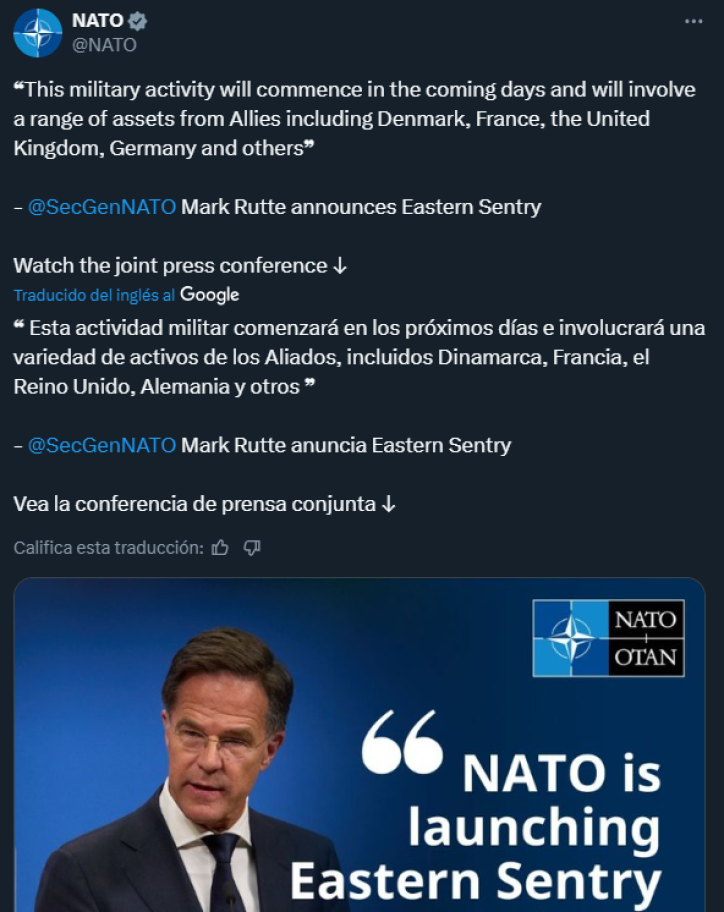 Post de X de la OTAN con detalles sobre la iniciativa militar "Centinela oriental"