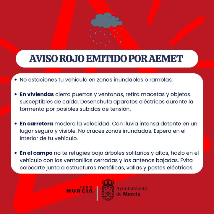 Aviso rojo por lluvias

REMITIDA / HANDOUT por AYUNTAMIENTO DE MURCIA
Fotografía remitida a medios de comunicación exclusivamente para ilustrar la noticia a la que hace referencia la imagen, y citando la procedencia de la imagen en la firma
28/12/2025