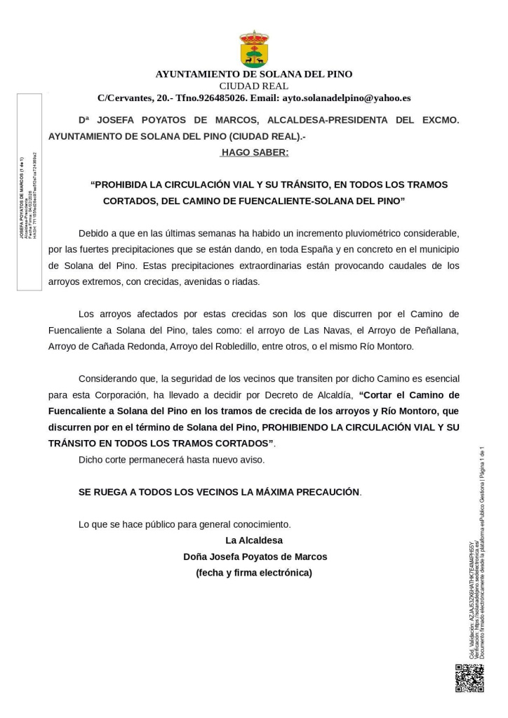 Comunicado del Ayuntamiento de Solana del Pino (Ciudad Real)