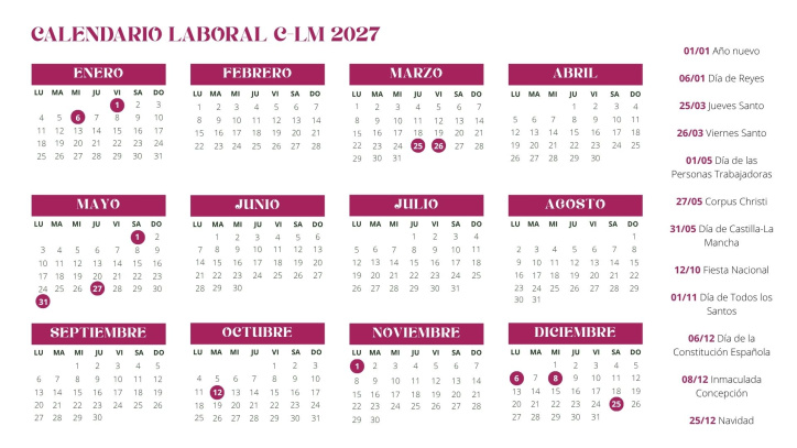 Calendario laboral en Castilla-La Mancha en 2027