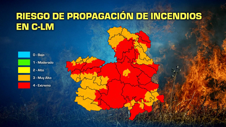 Mapa con el riesgo de propagación de incendios en Castilla-La Mancha