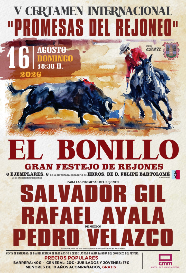 Cartel correspondiente al certamen Promesas del Rejoneo del 16 de agosto en la plaza de toros de El Bonillo.