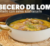Receta de cabecero de lomo encebollado y alubias salteadas con verduras
