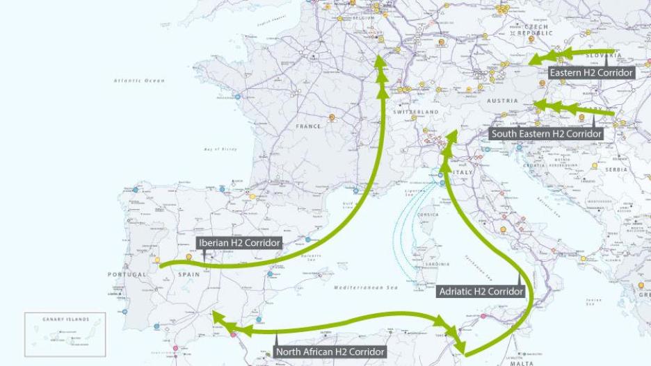 Mapa europeo de los corredores del hidrógeno verde
