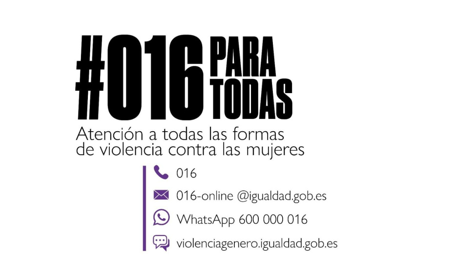 (Foto de ARCHIVO)
Número 016 contra la Violencia de Género.
REMITIDA / HANDOUT por IGUALDAD
Fotografía remitida a medios de comunicación exclusivamente para ilustrar la noticia a la que hace referencia la imagen, y citando la procedencia de la imagen en la firma
12/4/2024