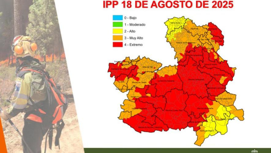 Prácticamente toda Castilla-La Mancha está en riesgo extremo de propagación de incendios este 18 de agosto. Situación que se mantendrá también este martes
