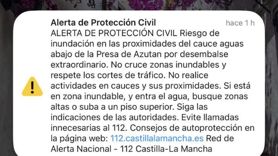 Mensaje ES ALERT preventivo a la zona de Azután (Toledo)