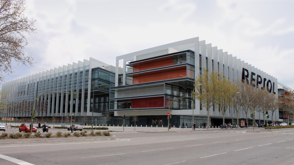 REPSOL headquarters in Arganzuela district in Madrid (Spain). Building designed by Rafael de La-Hoz Castanys and completed in 2013.