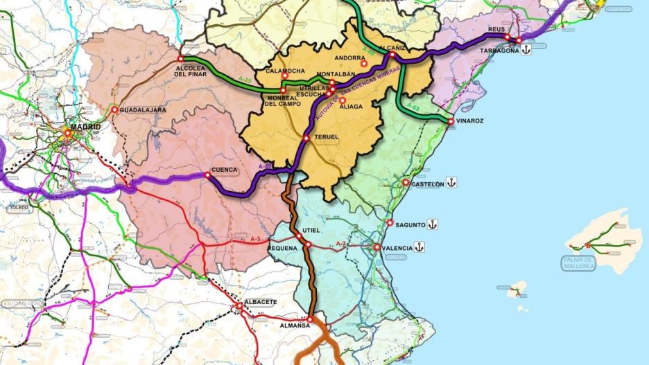 Mapa de la propuesta realizada por Teruel Existe para crear un 'Arco Mediterráneo interior'.
TERUEL EXISTE
20/4/2023