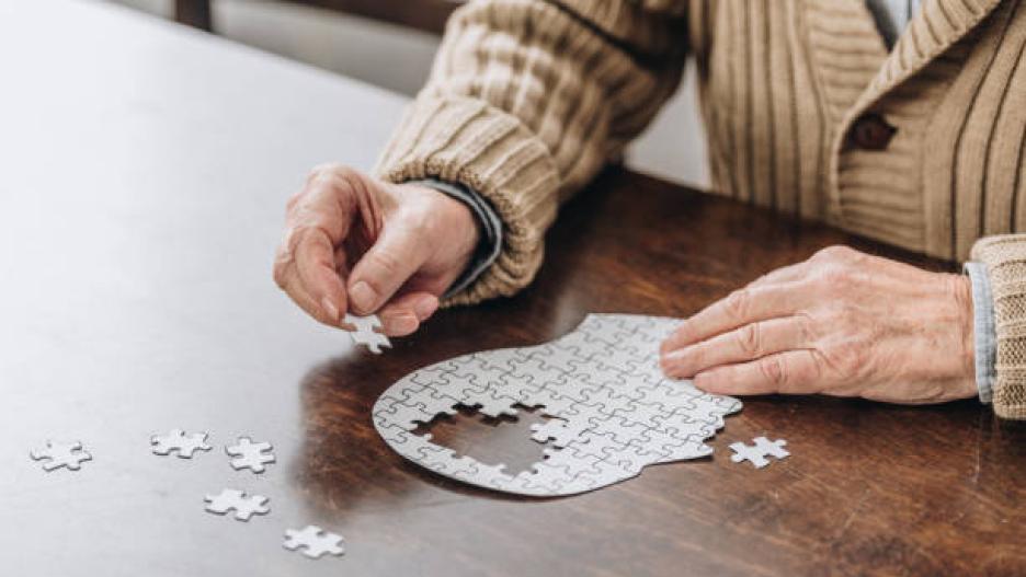 cropped view of senior man playing with puzzle
