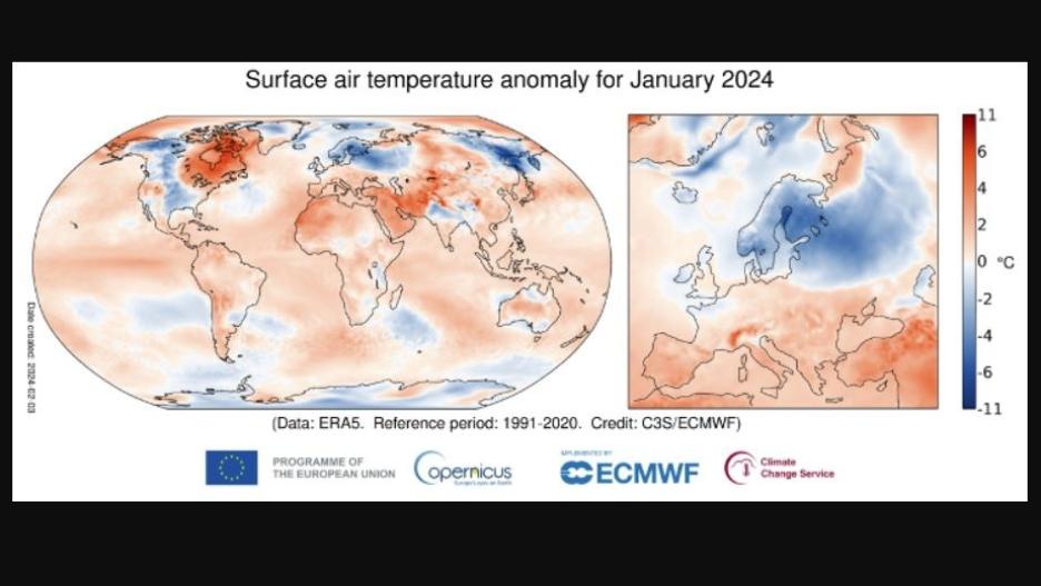 Anomalía de la temperatura del aire en superficie para enero de 2024 en relación con el promedio de enero para el período 1991-2020.
COPERNICUS CLIMATE CHANGE SERVICE/ECMWF.
07/2/2024