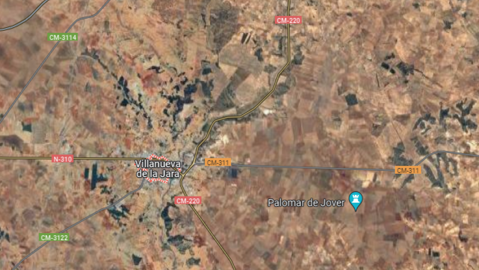 Mapa satélite del entorno de Villanueva de la Jara (Cuenca), donde ha tenido lugar el accidente mortal.
