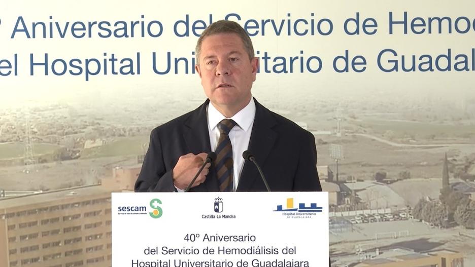 Emiliano García-Page durante el acto de 40 aniversario del servicio de hemodiálisis del Hospital de Guadalajara.
JCCM
14/6/2024