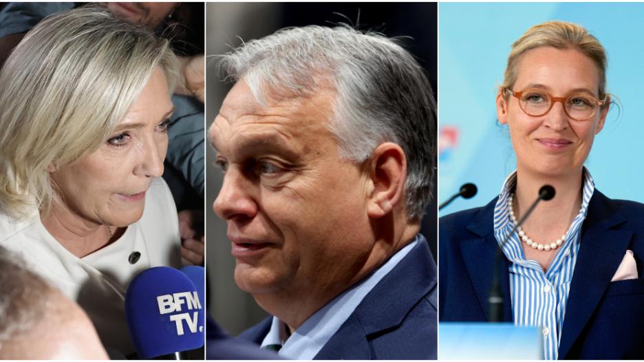 Marine Le Pen (de Agrupación Nacional), Viktor Orbán (primer ministro de Hungría) y Alice Weidel (de AfD)