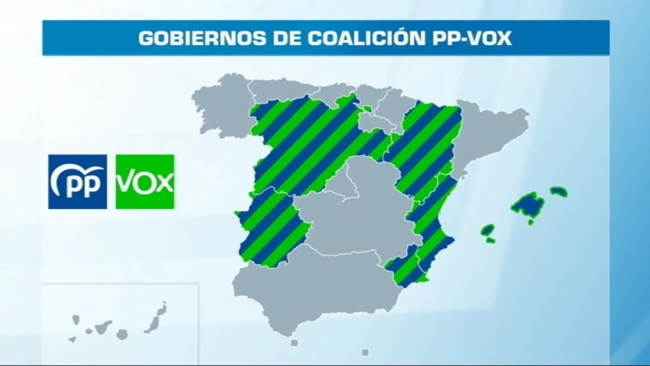 Mapa de las autonomías en las que han gobernado hasta hoy en coalición PP y Vox