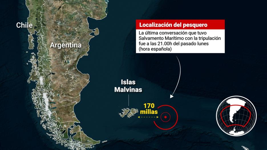 Infografía con localización del pesquero 'Arcos Georgia' naufragado en las proximidades de las islas Malvinas, donde han fallecido al menos seis personas y siete han desaparecido. Salvamento Marítimo detalló que la última conversación con el barco tuvo lugar a las 21:00 horas del lunes 22 de julio de 2024.
Europa Press / Europa Press
23/7/2024