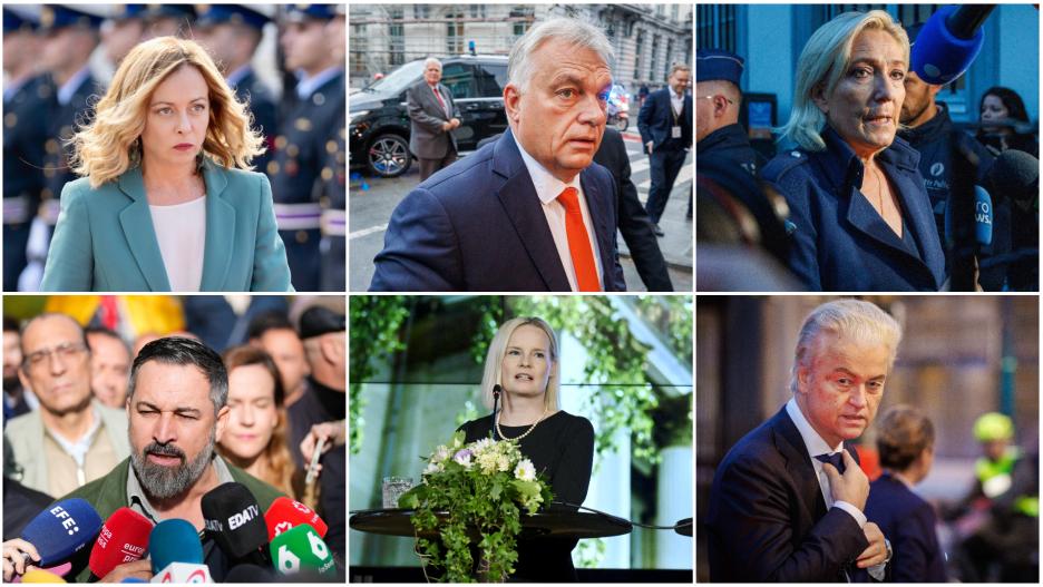 G. Meloni/V.Orban/M. Le Pen/S. Abascal/R. Purra/G.Wilders. (Algunos líderes de extrema derecha en Europa)