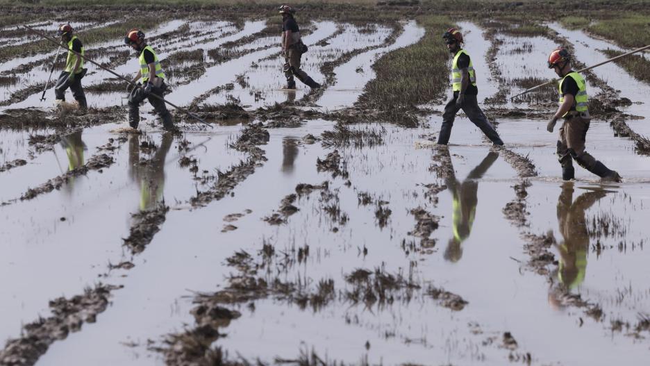 Imagen de militares de la UME de León en labores de búsqueda de cuerpos arrastrados por las riadas entre los arrozales de Alfafar (Valencia). EFE/Kai Försterling