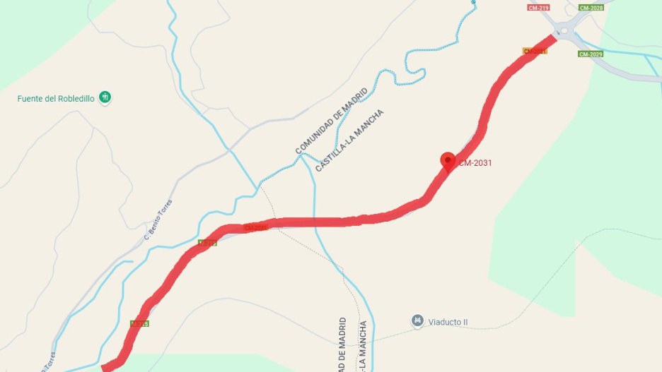 Mapa con la zona donde se ha cortado la carretera CM-2031, a la altura de Mondéjar (Guadalajara)