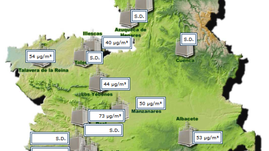 Mapa de la región con niveles altos de partículas en suspensión en el aire en varios puntos
